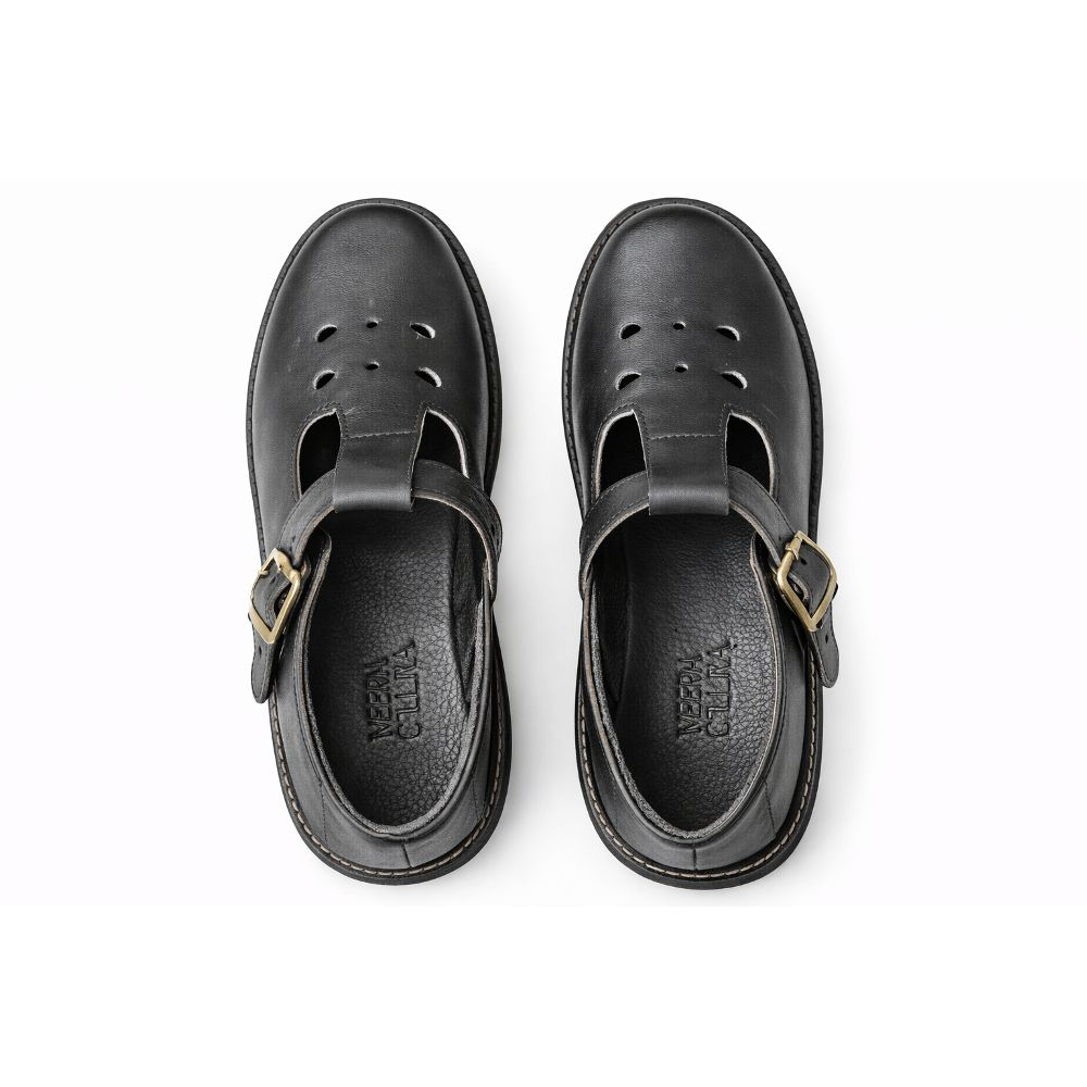Black Leather School Shoes with Buckle Strap